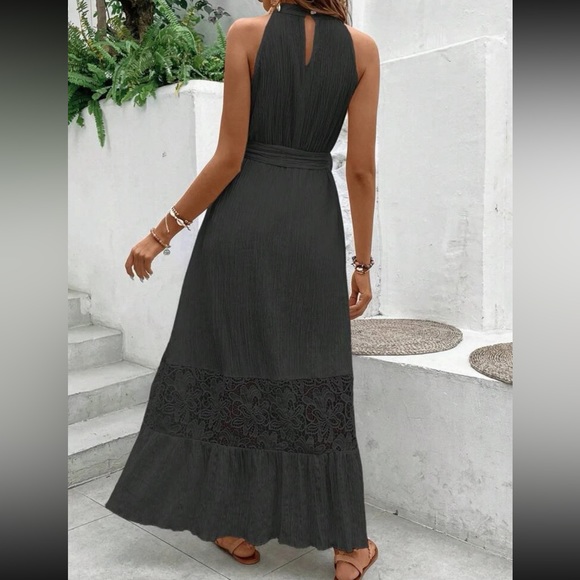 Black Contrast Guipure Sheer Mesh Lace Layered Hem Belted Halter Dress - Picture 4 of 10